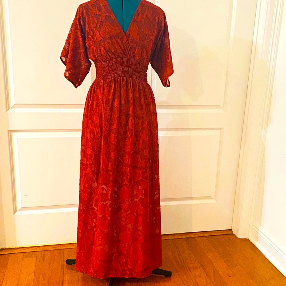 Red maxi dress sheer with lining butterfly sleeves